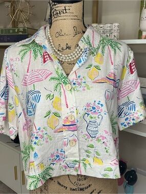 Calypso St. Barth Cropped Tropical Print Blouse NWOT